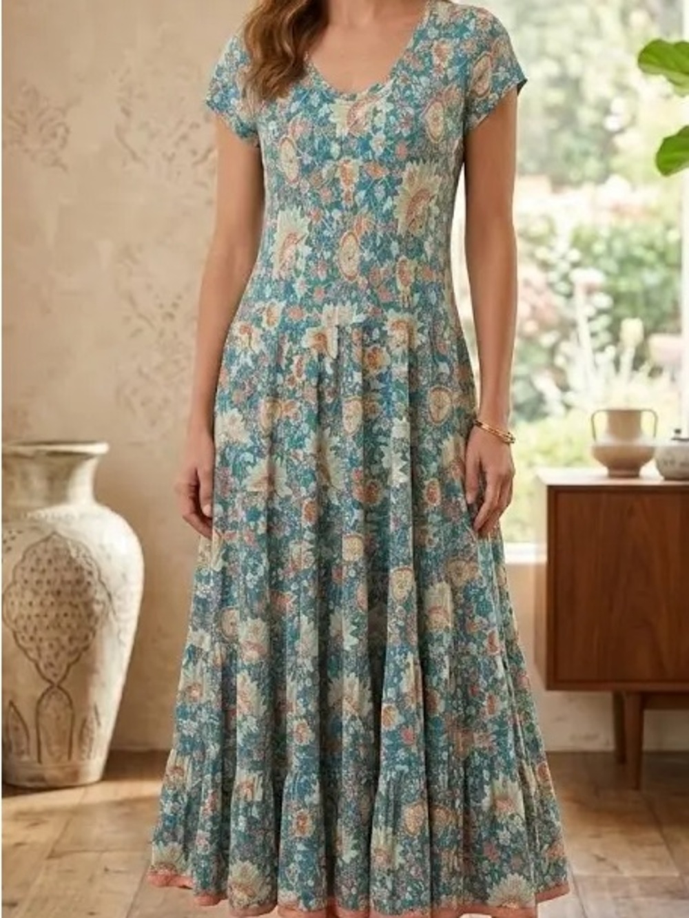 Soft Surroundings Teal Floral Midi Dress with Scoop Neck